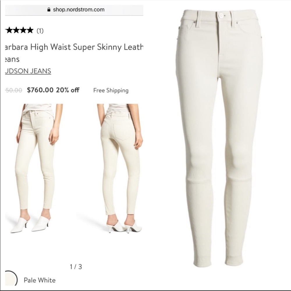 Hudson Barbara High Rise Leather Ankle Super Skinny Pale White New Size 24 $950